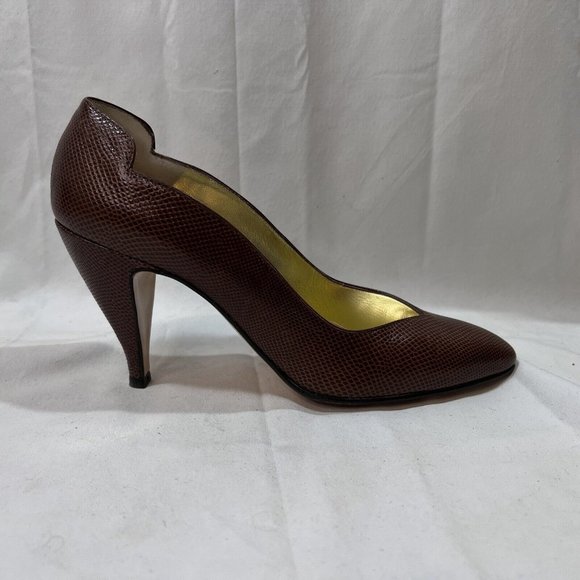 Vintage Walter Steiger Heels Pumps Sz 7.5 AA Brown Embossed Leather Handmade Ita - Picture 4 of 14